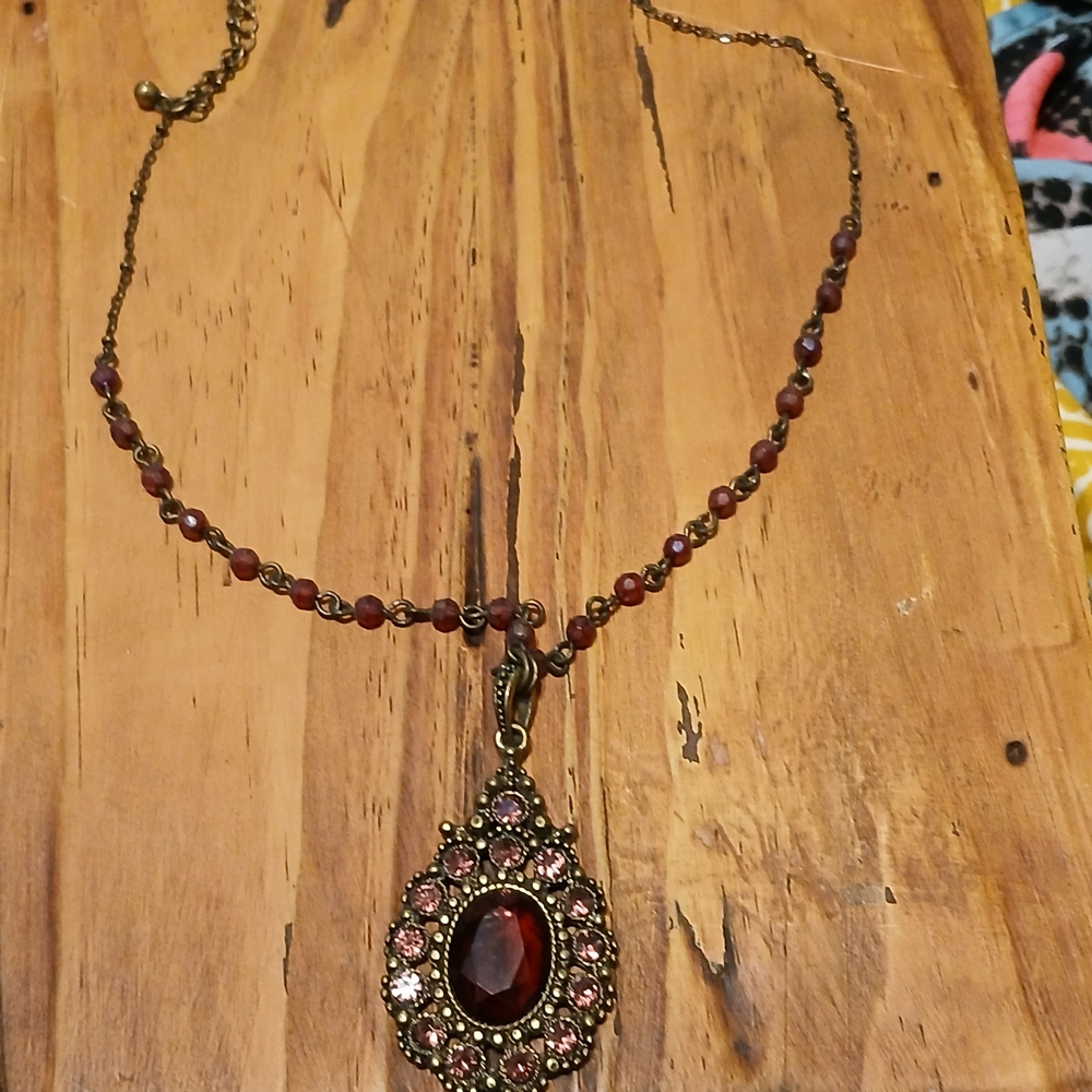 Vintage Red and Gold Necklace with Ornate Pendant